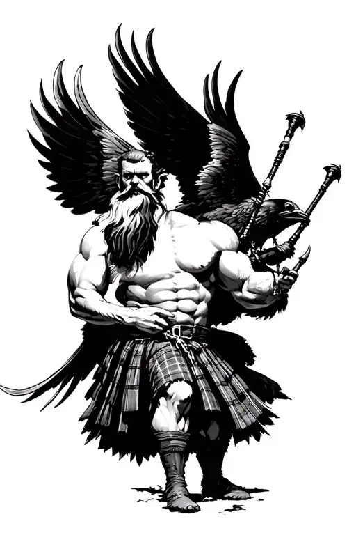 muscular bagpiper bald black beard black huge wings on his back playing the bagpipes flying crow with claws tattoo design idea