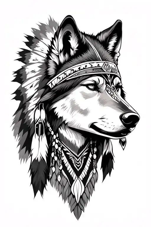Native American women with mountain range and aggressive wolf tattoo design idea