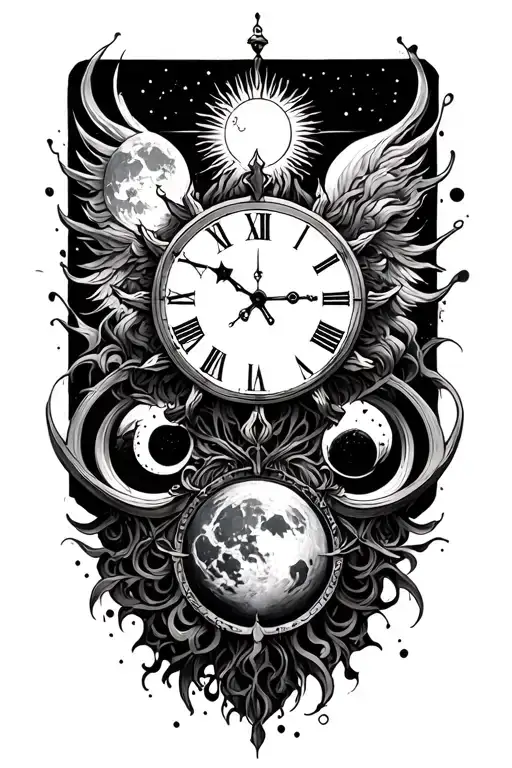 Loyalty, clock, decay, moon, sun, balance, rebirth tattoo design idea