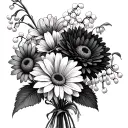bouquet of open chrysanthemum, common daisies and lily of the valley  tattoo design idea