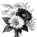 bouquet of open chrysanthemum, common daisies and lily of the valley  tattoo design idea