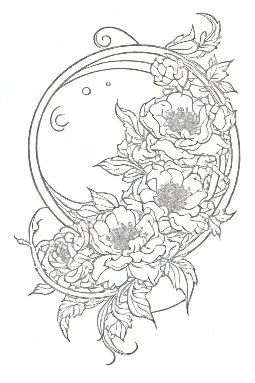 crescent moon, peonie flowers, art nouveau, art deco, symmetrical tattoo design idea