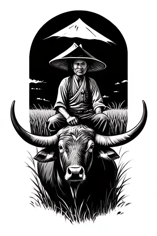 Vietnamese farmer in traditional triangle hat sitting on a water buffalo with big horns on the rice field tattoo design idea
