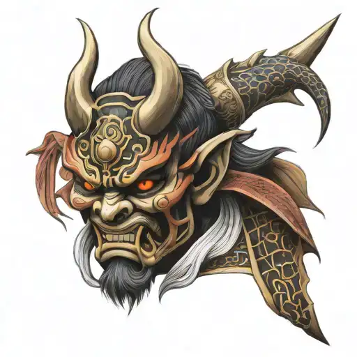 oni mask, japanese traditional, has samurai mask and dragon like characteristics, no pupils and has a katana included, tattoo design idea