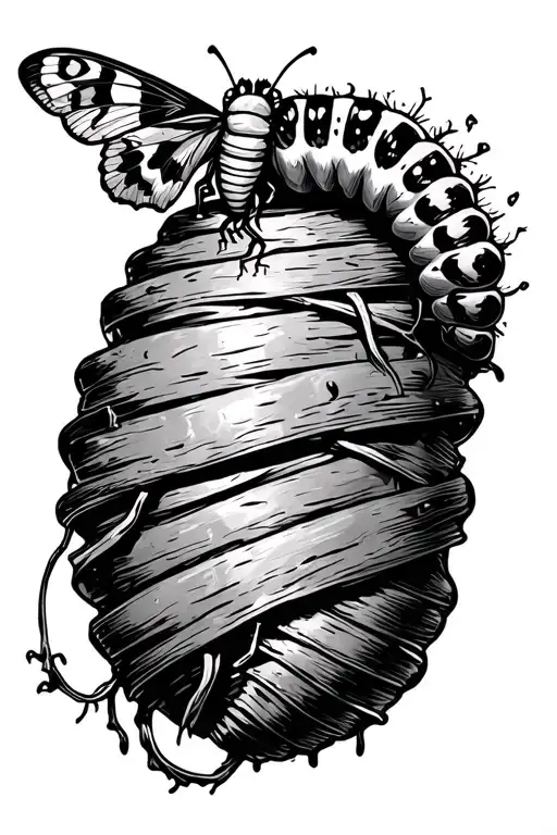 a gothic graffiti streat artsy aesthetic cocoon with a caterpillar wrapped around it with a moth emerging from the top tattoo design idea
