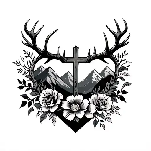 western sleeve, cross, mountain, antlers, florals, vines, tattoo design idea