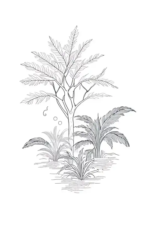 jungle, whispy, linear, plants & trees tattoo design idea