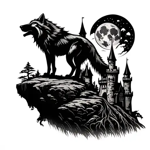 a wolf standing on a cliff, howling at the moon, overlooking a castle and ygdrasil tattoo design idea