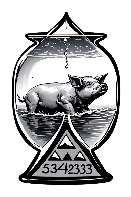  It should be an hour glass where the top half has a pig swimming and the bottom half has 3 triangles and "534293" tattoo design idea