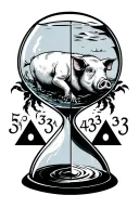  It should be an hour glass where the top half has a pig swimming and the bottom half has 3 triangles and "534293" tattoo design idea