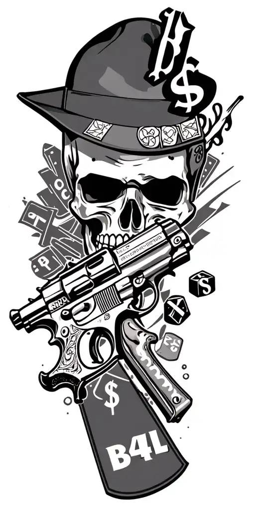 Make full arm sleeve gangster tatto with pistols, dices, dollar sign, spray, cross and put text "B4L" tattoo design idea