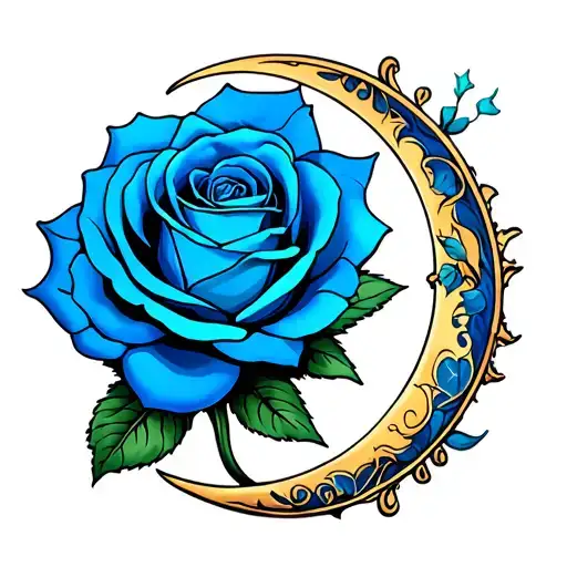 crescent moon with blue rose  tattoo design idea