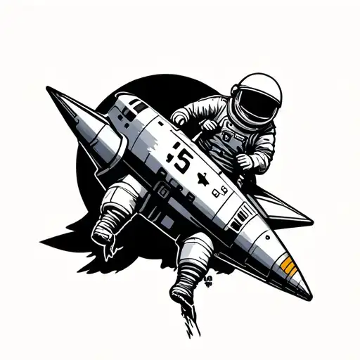 rocket ship takeoff with astronaut hanging on the side with the other side having a unlimited speed limit si tattoo design idea