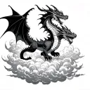 create a dragon flying through clouds surrounding it, add a sun. make it in woodcut style with some signs of cybersiglis tattoo design idea