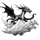 create a dragon flying through clouds surrounding it, add a sun. make it in woodcut style with some signs of cybersiglis tattoo design idea