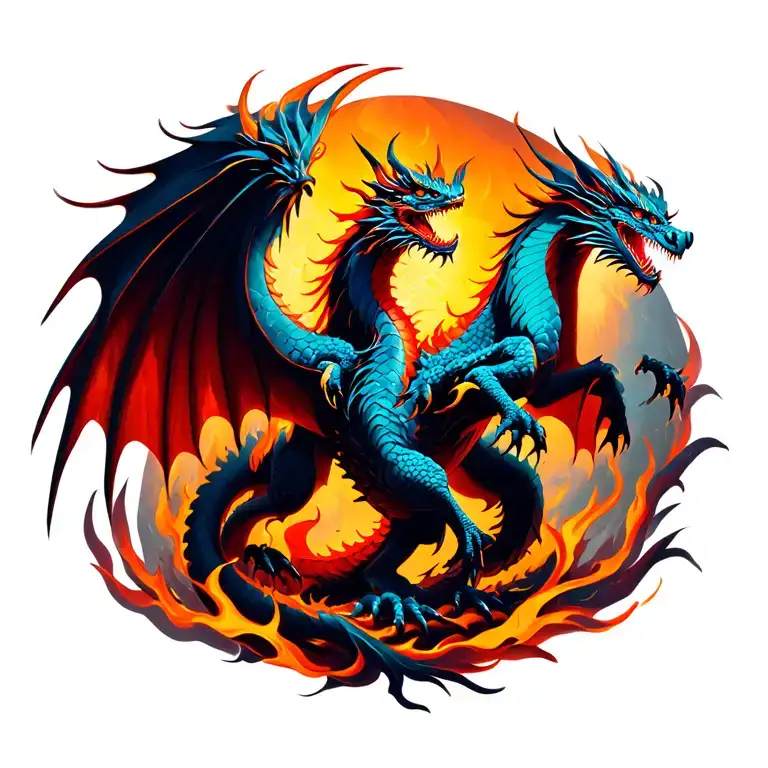 Dragon and rising Phoenix rising from flames tattoo design idea