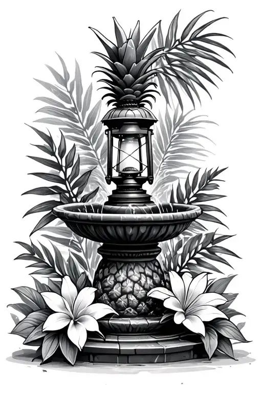pineapple fountain with oil lantern and tropical flowers tattoo design idea