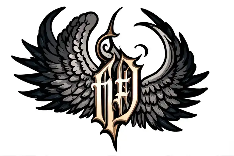 angel wings with name written tattoo design idea