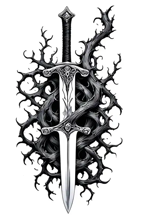 thorn vine around sword wrapped tattoo design idea