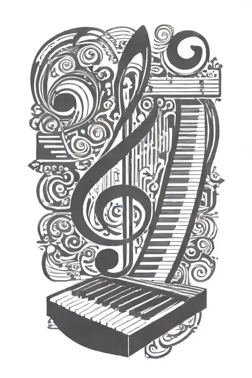 piano keyboard intertwined with music staff of 4 bars of music tattoo design idea