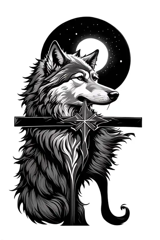 Cross Wolf and Moon tattoo design idea