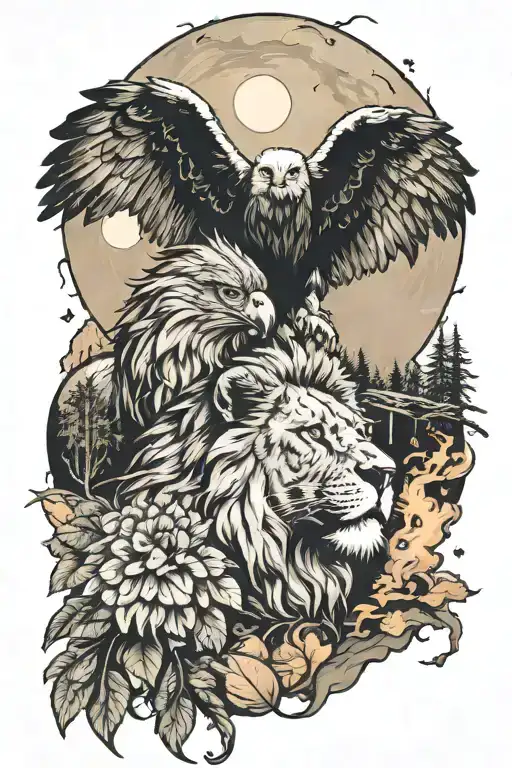 lion an eagle and smoke and some trees and moon and fire and trash pulka tattoo design idea