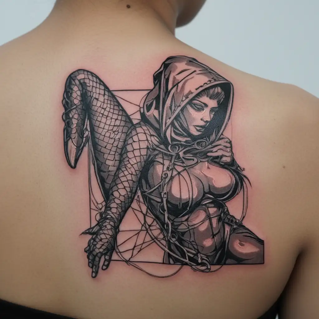Design a piece featuring a dominant figure wearing latex hood and fishnet stockings in a BDSM scene tattoo design idea
