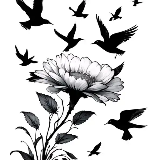 small flower releasing a flock of birds, hidden within the flock is a single floating latern  tattoo design idea