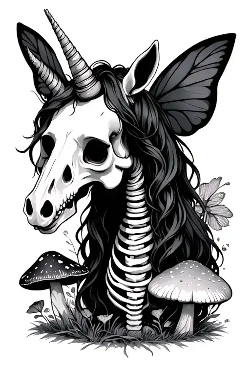 unicorn skeleton with mushroom fairy type background tattoo design idea