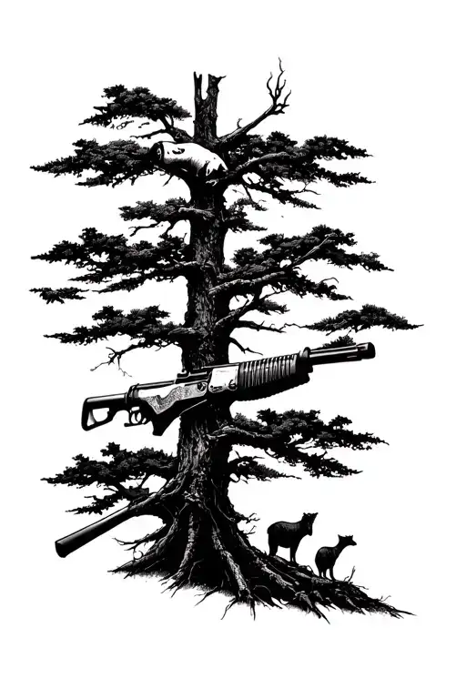 rifle and animals in the forrest tattoo design idea