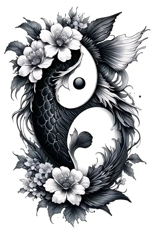 koi yin yang not touching  pisces feburary flowers this will be a chest right front shoulder piece tattoo design idea