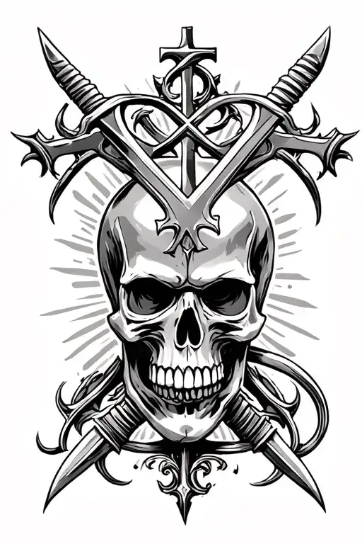 a skull with two swords above its head intertwined forming an X and a cross on top of the swords tattoo design idea