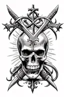 a skull with two swords above its head intertwined forming an X and a cross on top of the swords tattoo design idea