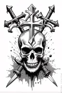 a skull with two swords above its head intertwined forming an X and a cross on top of the swords tattoo design idea