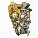 shadowed wizrard holding mystical fireball  tattoo design idea