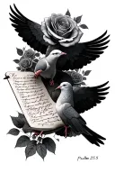Create a image with 2 doves holding a script with the Bible verse psalm 25:5 with on the top of the script with roses  tattoo design idea