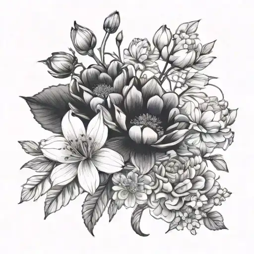 bouquet with violet cherry blossom water lily peony and cosmos tied with rope bow tattoo design idea