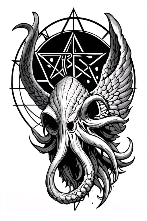 Sketch of a Cthulhu head tattoo with wings with a pentagram in the background tattoo design idea