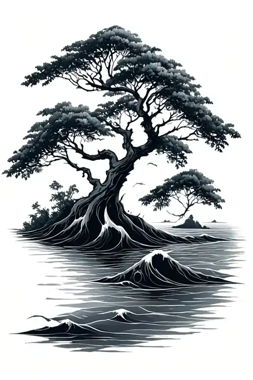 mangrove tree with waves tattoo design idea