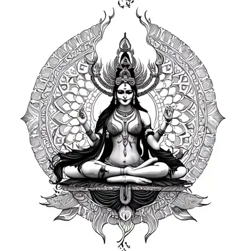 The goddess of death Kali, surrounded by a mandala, staged Gong Fu Cha tattoo design idea