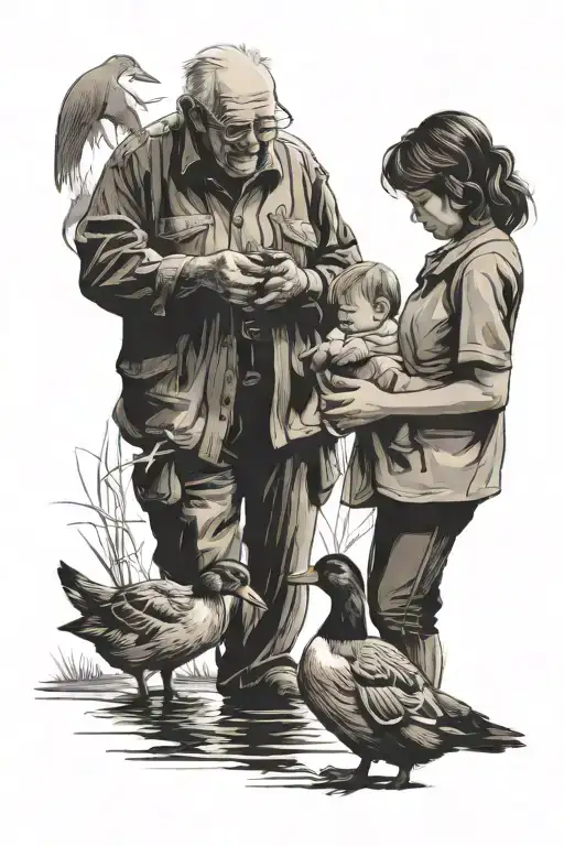 grandad and grandaughter feeding ducks silhouette tattoo design idea