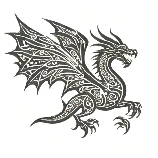 Nordic style dragon in flight, with outstretched wings, showing claws and breathing fire, for the hand tattoo design idea