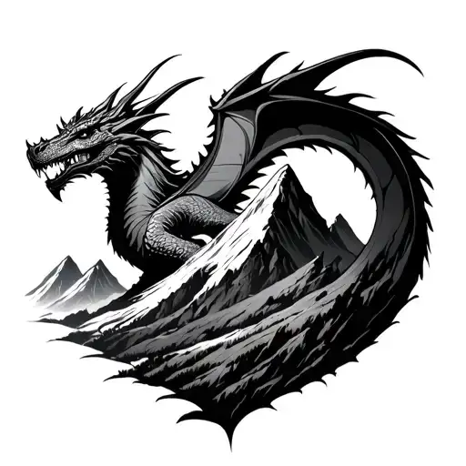 the Lonely mountain landscape with Smaug the dragon tattoo design idea