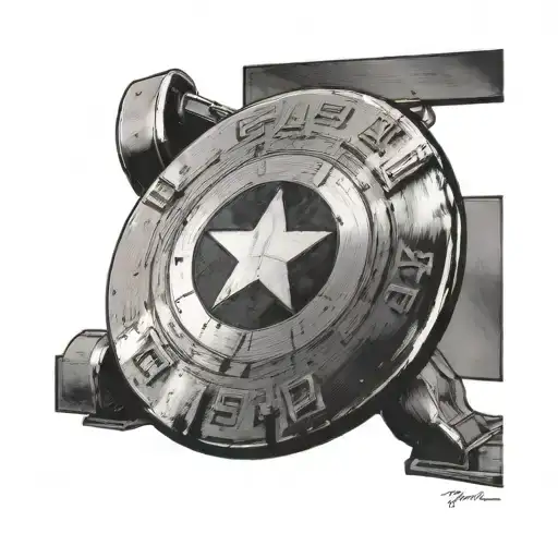 A black and grey illustration of Captain America's shield as a weight plate with the client's initials engraved on it tattoo design idea