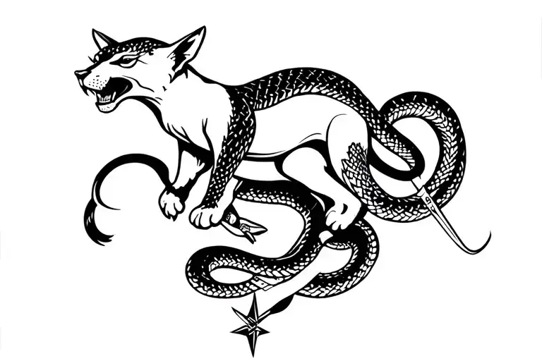 black and white american traditional tattoo flash, full body puma with a snake coiled around it, dagger through the puma tattoo design idea