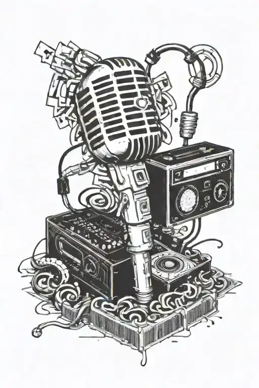 A blackwork tattoo of a microphone surrounded by vintage Blockbuster VHS tapes and false teeth scattered around tattoo design idea