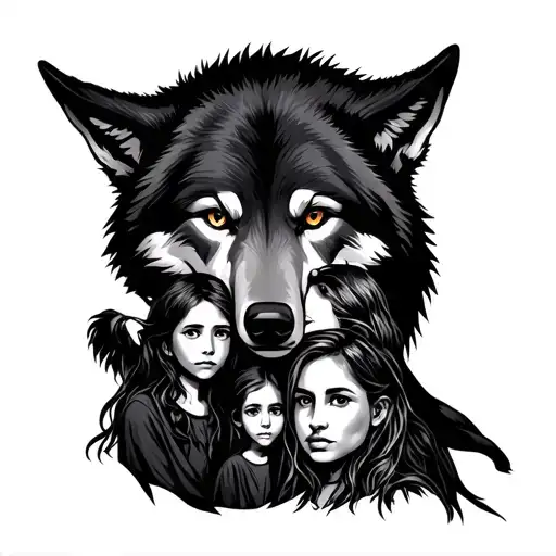 wolf with woman and two children protected by tattoo design idea