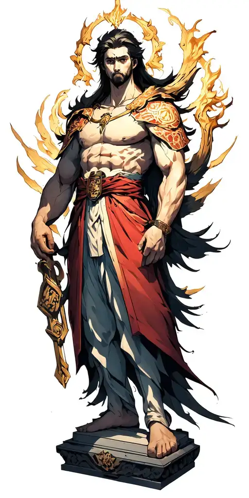 anime mash up with statue of god from solo leveling and Ken kenkanki tattoo design idea