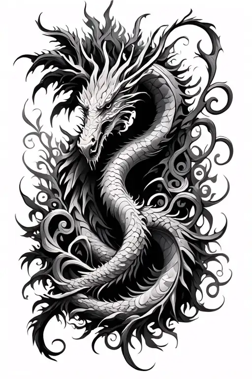 tribal design including army elements, tree of life, dna strand, dragons tattoo design idea