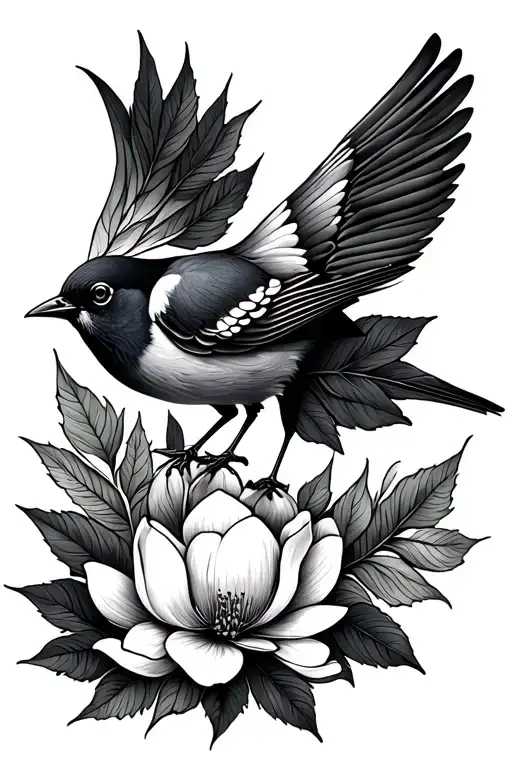 Bird, Evergreen leaf, and magnolia flower patchwork tattoo design idea